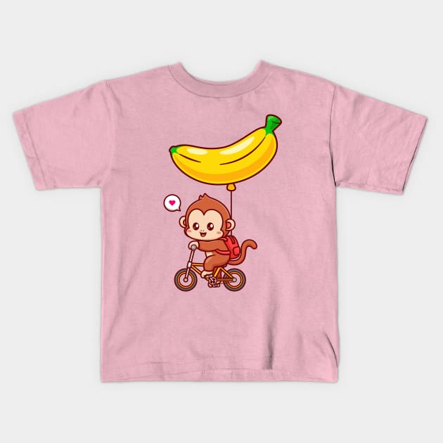 Cute Monkey Riding Bicycle With Banana Balloon Cartoon Kids T-Shirt by Catalyst Labs